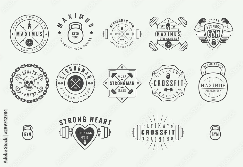 Set of gym logos, labels and slogans in vintage style. Graphic illustration