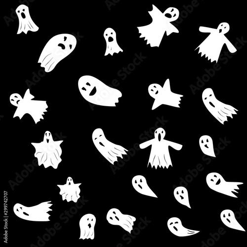 Halloween ghosts. Ghostly monster with scary face shape. Ghost white fun cute evil horror. Fantasy silhouette for scary october. For holiday design or costume, etc. Flat vector. Isolated icons set.