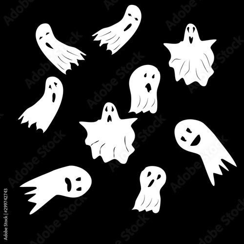 Halloween ghosts. Ghostly monster with scary face shape. Ghost white fun cute evil horror. Fantasy silhouette for scary october. For holiday design or costume, etc. Flat vector. Isolated icons set.