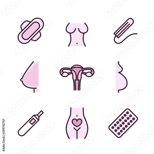 Women's Health. Gynecology. Pregnancy. Feminine Care - Vector Icon Set