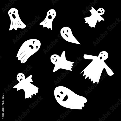 Halloween ghosts. Ghostly monster with scary face shape. Ghost white fun cute evil horror. Fantasy silhouette for scary october. For holiday design or costume, etc. Flat vector. Isolated icons set.