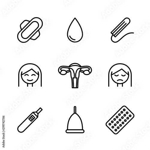 Women's Health. Menstruation.  Gynecology. Feminine Care - Vector Icon Set