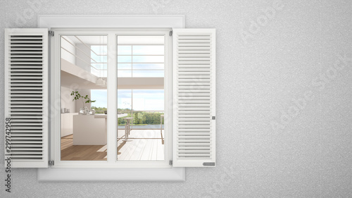 Exterior plaster wall with white window with shutters  showing interior modern kitchen  blank background with copy space  architecture design concept idea  mockup template