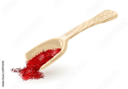 Wooden or plastic scoop with dry saffron. Red spice, condiment using in cooking and as colouring agent spilling out from kitchen shovel. Vector cartoon illustration isolated on white background.