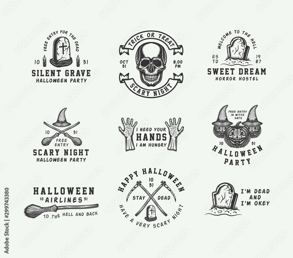 Vintage retro halloween logos, emblems, badges, labels, marks, patches. Vector Art. Monochrome Graphic Art. Line woodcut style.