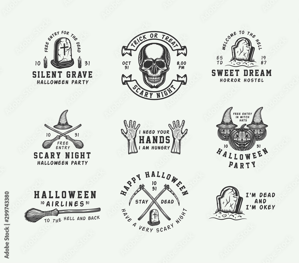 Fototapeta premium Vintage retro halloween logos, emblems, badges, labels, marks, patches. Vector Art. Monochrome Graphic Art. Line woodcut style.