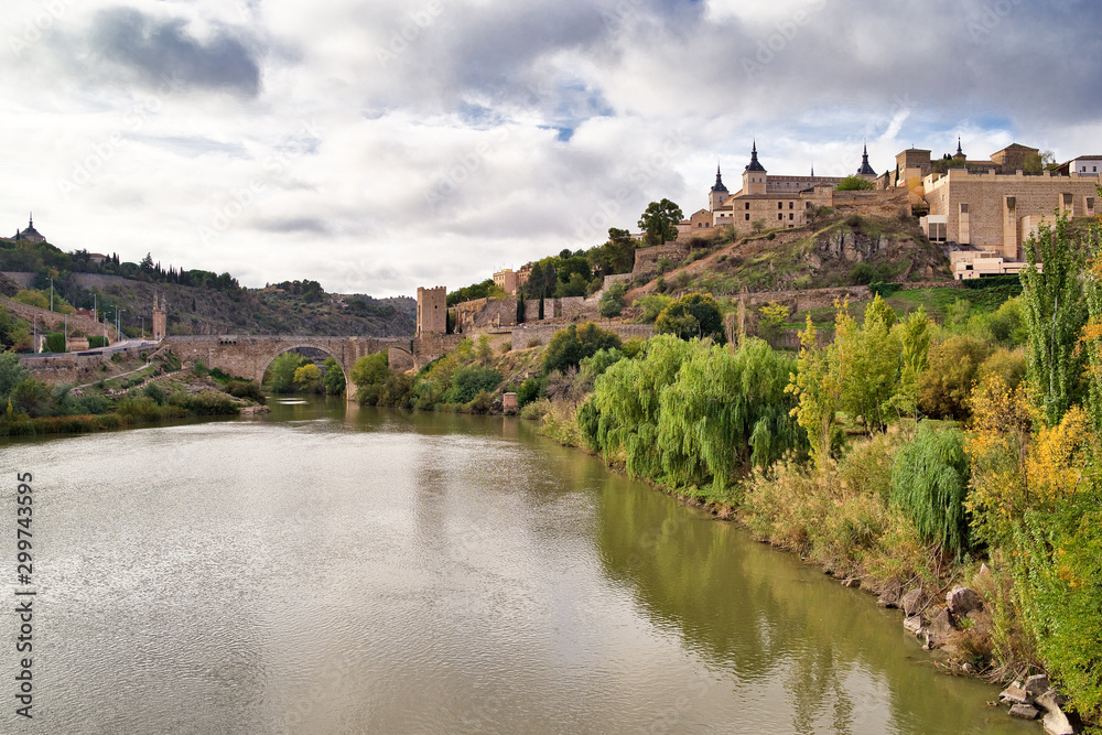 Views of the walled city of Toledo, Spain. San Miguel Bridge in the background. Castilla la Mancha