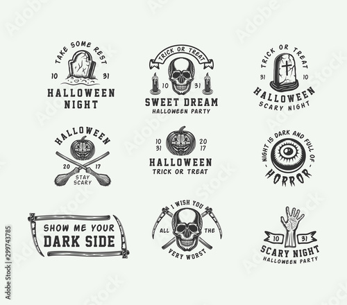 Vintage retro halloween logos, emblems, badges, labels, marks, patches.