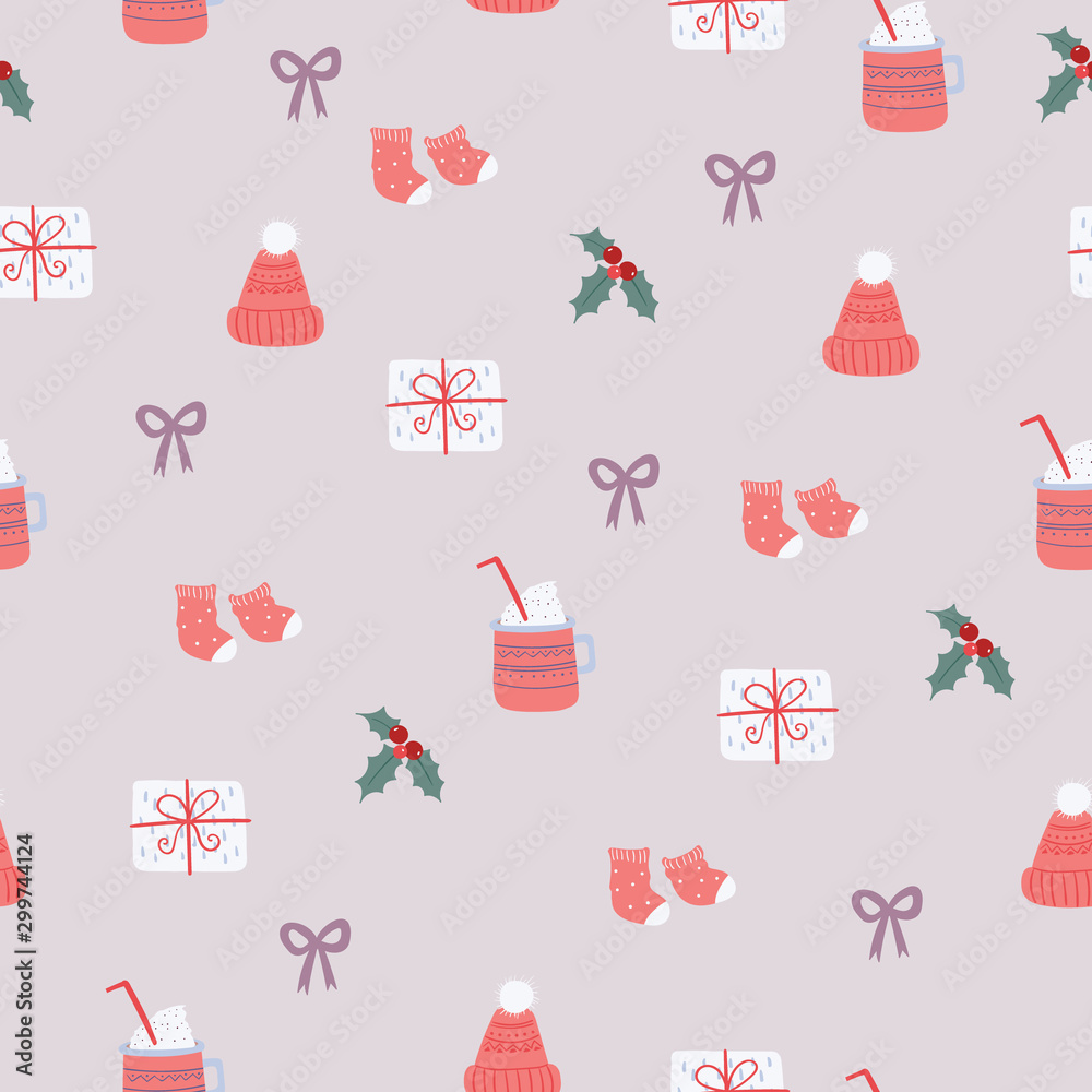 Seamless pattern with holly, hat, socks, cup and bow  on light purple background. Winter holiday print. Seamless vector background.