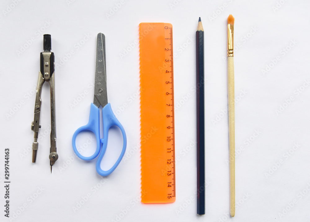 stationery on white background top view stationery on white background top view