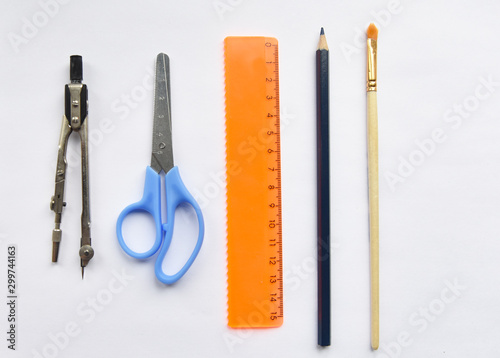 stationery on white background top view