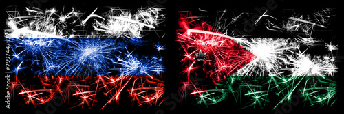 Russia, Russian vs Jordan, Jordanian New Year celebration sparkling fireworks flags concept background. Combination of two states flags © Vlad