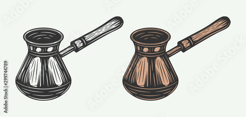 Vintage retro turkish coffee pot cezve in woodcut style. Can be used for logo, emblem or badge. Monochrome Graphic Art. Vector Illustration.