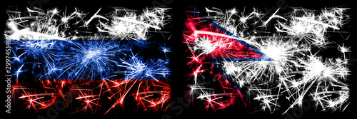 Russia, Russian vs Nepal, Nepalese New Year celebration sparkling fireworks flags concept background. Combination of two states flags © Vlad