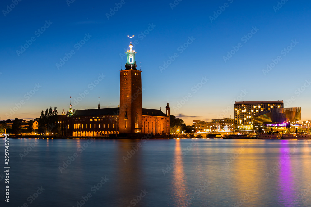 The City Hall, Stadshuset, in Stockholm, Sweden in the evening during blue hour