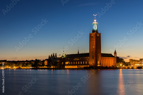 The City Hall, Stadshuset, in Stockholm, Sweden in the evening during blue hour