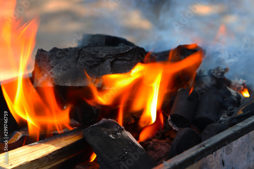 Burning charcoal in the barbecue