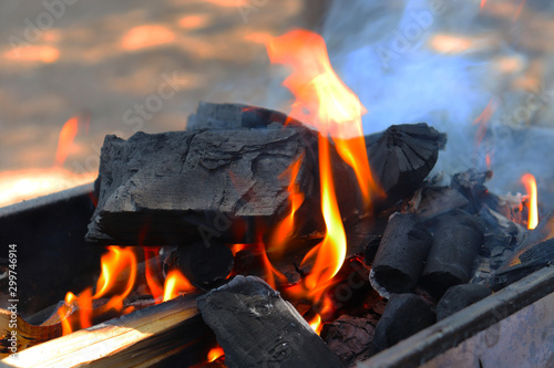 Burning charcoal in the barbecue