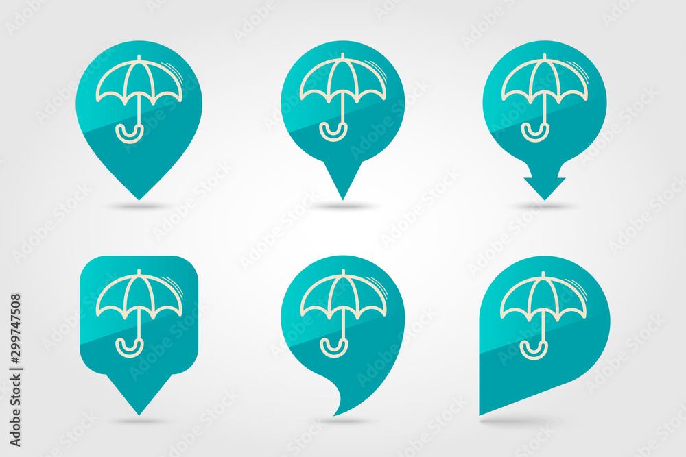 Umbrella pin map icon. Rain protection symbol Umbrella pin map icon. Rain protection symbol