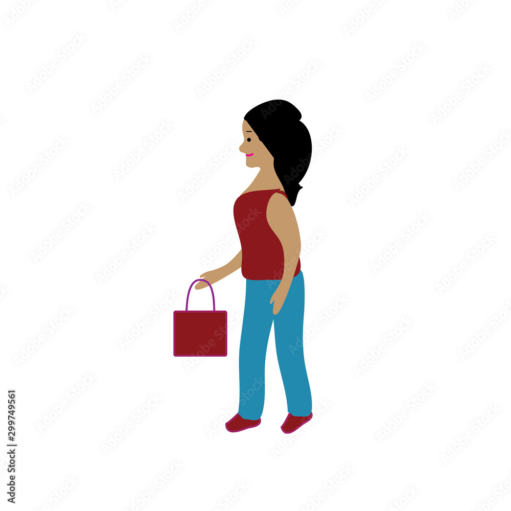 Young fashionable woman with bag in hand isolated on white background. Flat design style.