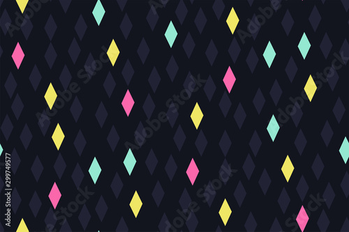 Abstract seamless geometric pattern with diamonds (rhombus) of different colors on a dark background. A rectangle with a glow effect. Creative design. Modern retro print. Vector illustration.