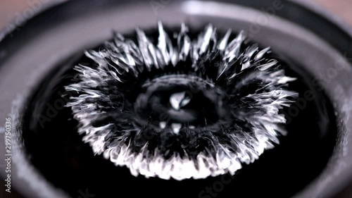 Ferrofluid or ferromagnetic fluid under the influence of sound waves (cymatics), begins to vibrate randomly, creating unusual patterns, close-up photo