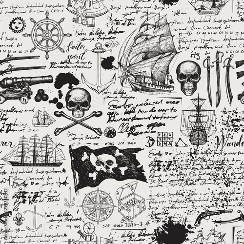 Dekoracja na wymiar  vector-abstract-seamless-pattern-with-skulls-crossbones-pirate-flag-swords-guns-caravels-and-other-nautical-symbols-vintage-hand-drawn-background-with-handwritten-notes-ink-blots-and-stains