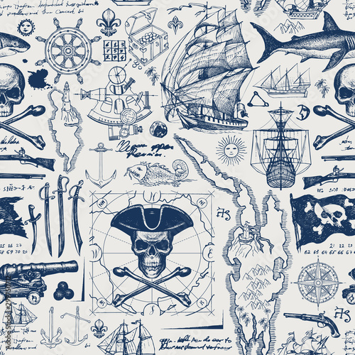 Vector abstract seamless pattern with skull, crossbones, pirate flag, swords, guns, caravels, old map and other nautical symbols. Vintage background with hand-drawn sketches, ink blots and stains photo