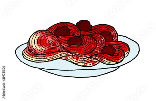 Vector illustration of a plate of spaghetti with tomato sauce and meatballs