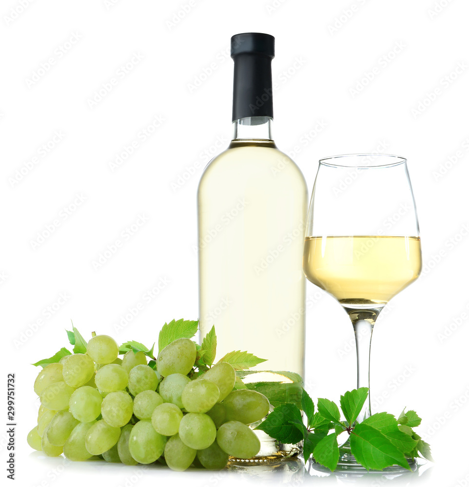 Glass and bottle of wine on white background