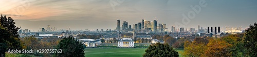 Panoramic view of London city skyline at dusk from Greenwich Park