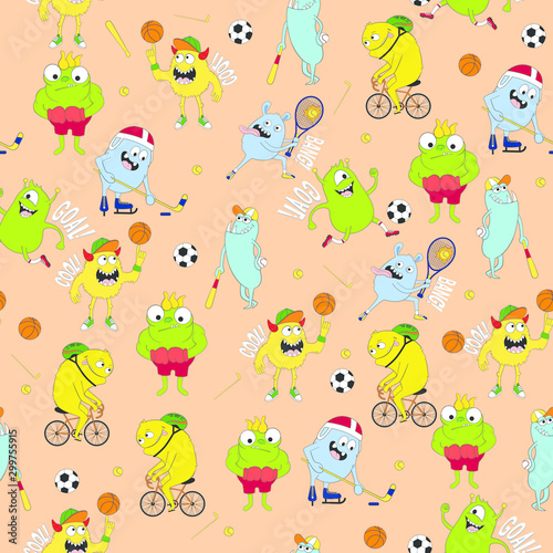 Cute kids monster pattern for girls and boys. Colorful sport monster on the abstract bright background. The monster pattern is made in bright colors. Grunge sport kids pattern for textile and fabric