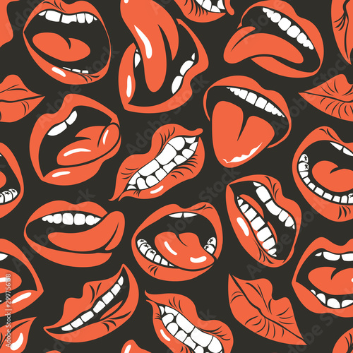 Vector seamless pattern with sexy woman lips with different emotions. Woman mouth with a kiss, smile, tongue and teeth on dark background. Red lips collection. Wallpaper, wrapping paper, fabric