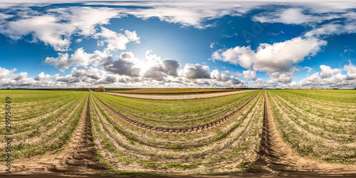 full seamless spherical hdri panorama 360 degrees angle view among fields in autumn sunny day with awesome clouds in equirectangular projection with zenith and nadir, ready for VR AR virtual reality