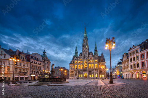 Liberec, Czechia. View of main square with Town Hall building and fountain at dusk (HDR-image) photo