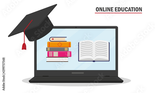On-line education concept. Laptop with books and education cap. Vector illustration.