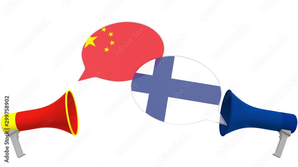 Speech bubbles with flags of Finland and China. Intercultural dialogue or international talks related 3D animation
