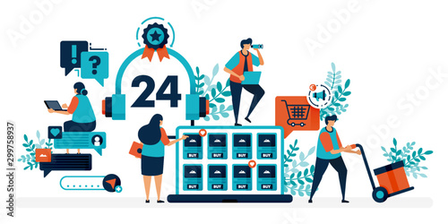 24 hour customer service to help users solve problems. Chatting service helps question with technical issue. Flat vector illustration for landing page, web, website, banner, mobile apps, flyer, poster