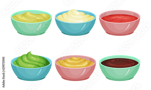 Different Sauces Vector Set. Spicy Treatment In Bowls