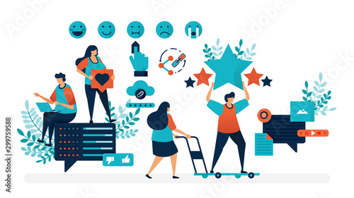 User satisfaction rating. Fill opinions with emoticons and give star feedback, share, like & comments. Flat vector illustration for landing page, web, website, banner, mobile apps, flyer, poster, ui