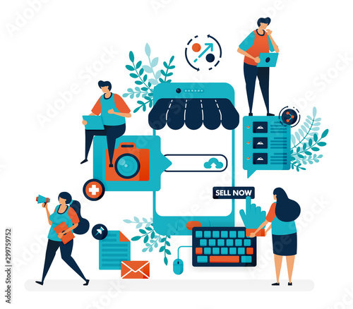 Marketplace platform for selling with smartphone. Create shop or business with a mobile system. Online internet promotion. Flat vector illustration for landing page, web, website, banner, mobile apps