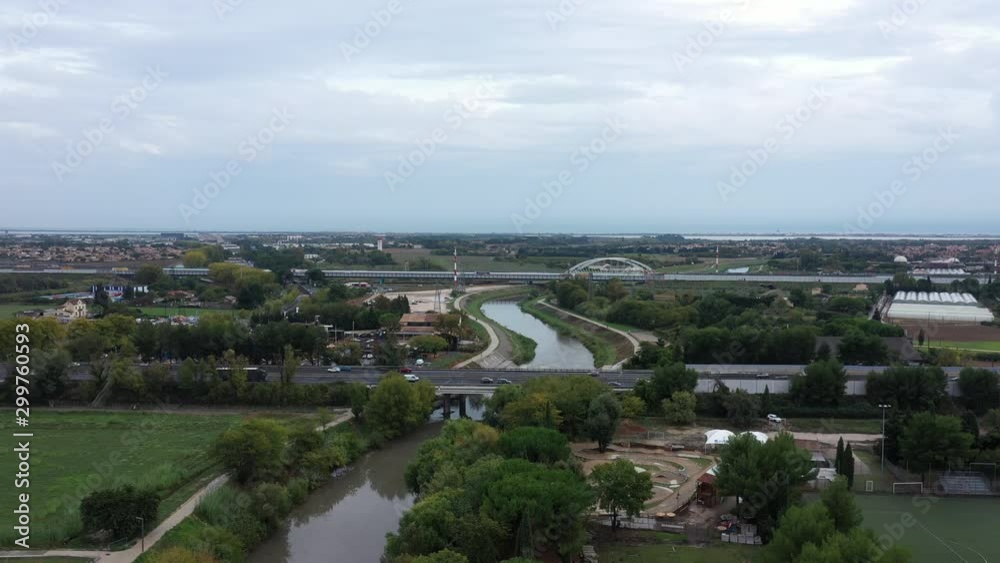 Montpellier highway and bridges with Lez river cloudy aerial view France Montpellier highway and bridges with Lez river cloudy aerial view France