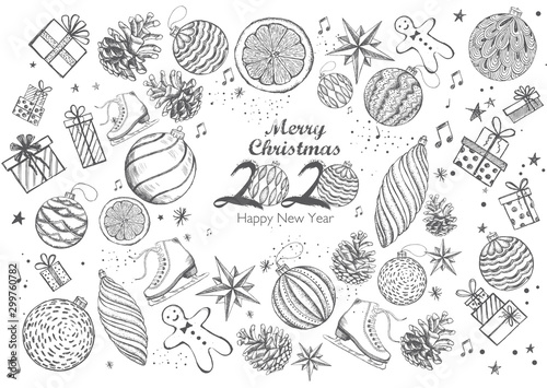 Christmas and 2020 New Year set. Hand drawn illustration. 