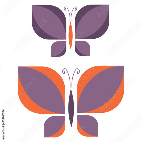 Two retro purple geometric butterfly vector illustration. Hand drawn garden insect in 60s flat color. Vintage orange bug wildlife clipart. 