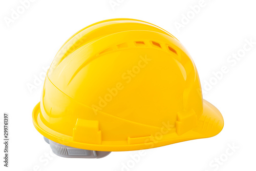 A yellow protection helmet on white background