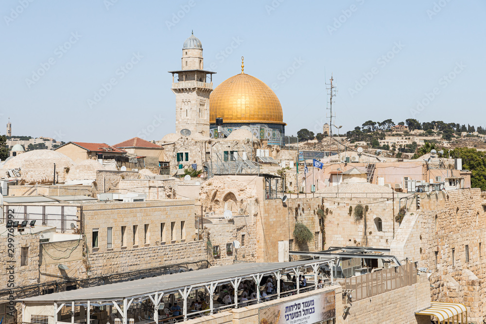 View of the East Wall, El Fahria Mosque and Al Aqsa Mosque in the Old City in Jerusalem, Israel