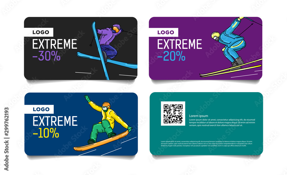 Set of cards, discount vouchers for ski pass or advertisong with colorful illustrations of skier and snowboarder on the slopes - obrazy, fototapety, plakaty 