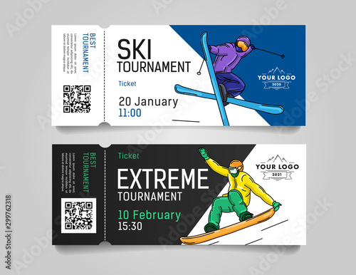 Admission tickets for extreme winter sports tournament or competition invitation with skier and snowboarder illustrations