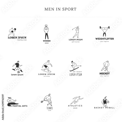 Set of vector hand drawn logo templates. Men in different sports. Active way of life.