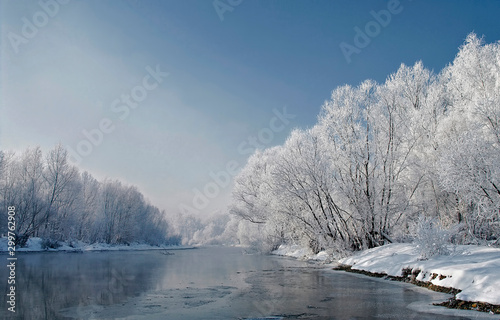 zima pierwszy śnieg na drzewach nad rzeką